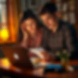 A couple sitting at a table looking worried while examining bills and cryptocurrency charts on a laptop, highlighting the contrast between real relationships and cryptocurrency excitement.